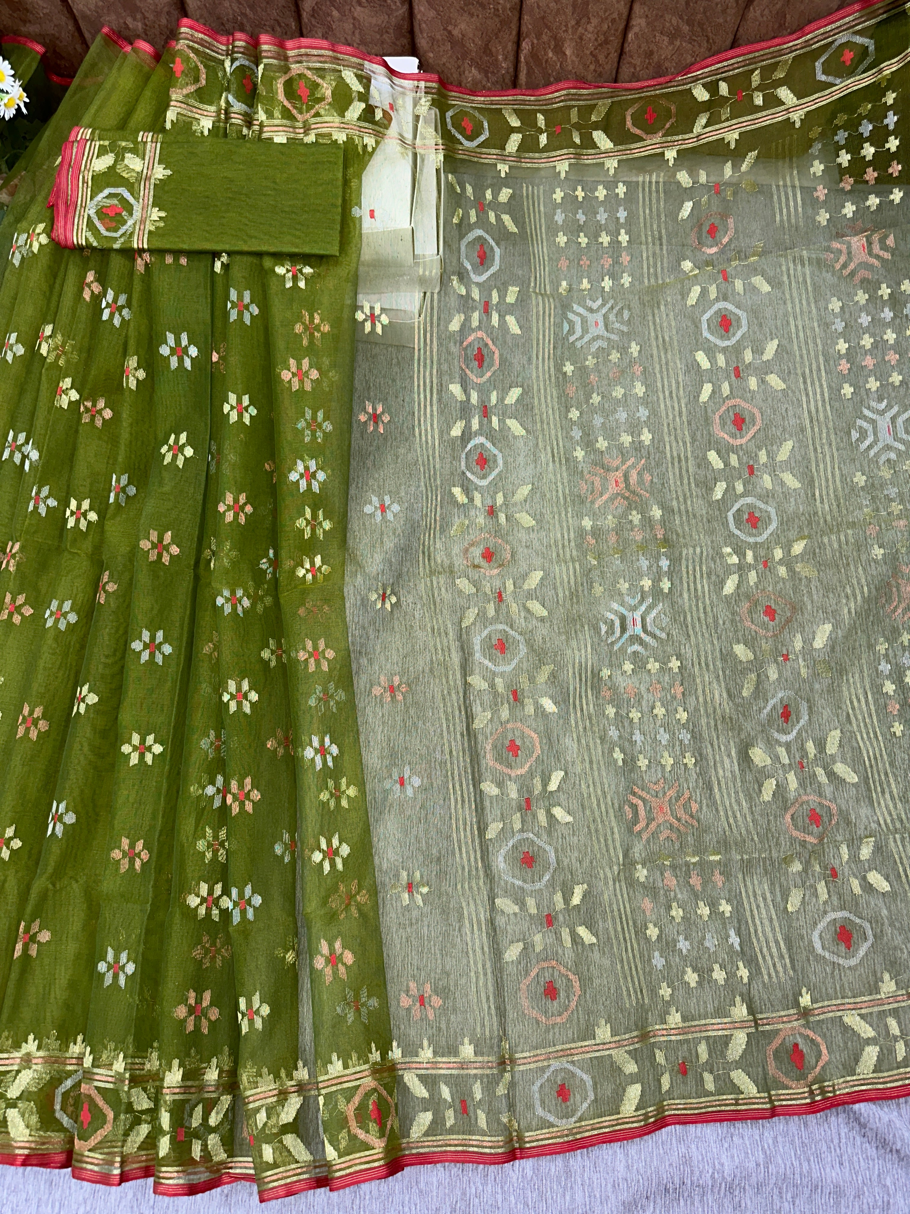 Olive green halfsilk handloom jamdani saree with golden silver & copper jori work