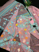Pink jamdani saree with blue white yellow orange threads work and blouse piece.