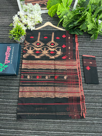Black halfsilk jamdani saree with red paar and copper jori work