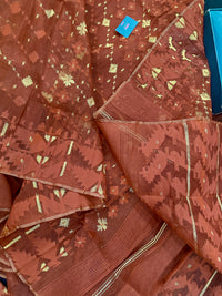 Mehendi brown jamdani saree with golden work.