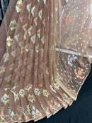 Nude mauve halfsilk jamdani saree with golden silver & copper jori work