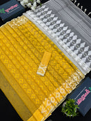 Yellow Original Handloom Halfsilk Dhakai Jamdani Saree With Self Threads Work & White Threads Work