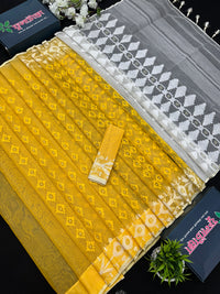 Yellow Original Handloom Halfsilk Dhakai Jamdani Saree With Self Threads Work & White Threads Work