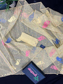 Baby yellow halfsilk jamdani saree with blue pink baby yellow threads work.