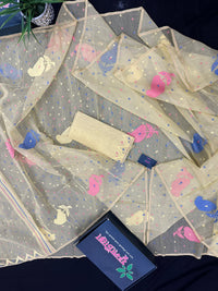 Baby yellow halfsilk jamdani saree with blue pink baby yellow threads work.