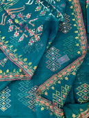Sea green jamdani saree with golden silver & copper jori work soft count.