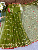 Olive green halfsilk handloom jamdani saree with golden silver & copper jori work