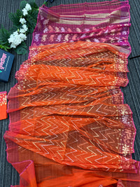 Orange halfsilk jamdani saree with pink paar