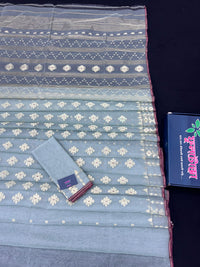Powder Blue Original Handloom Hslfsilk Dhakai Jamdani With Golden Jori Work
