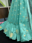 Sky blue halfsilk jamdani saree with golden jori work and self threads work
