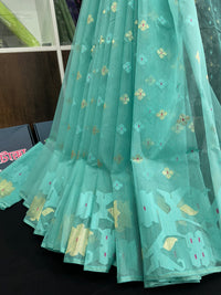 Sky blue halfsilk jamdani saree with golden jori work and self threads work