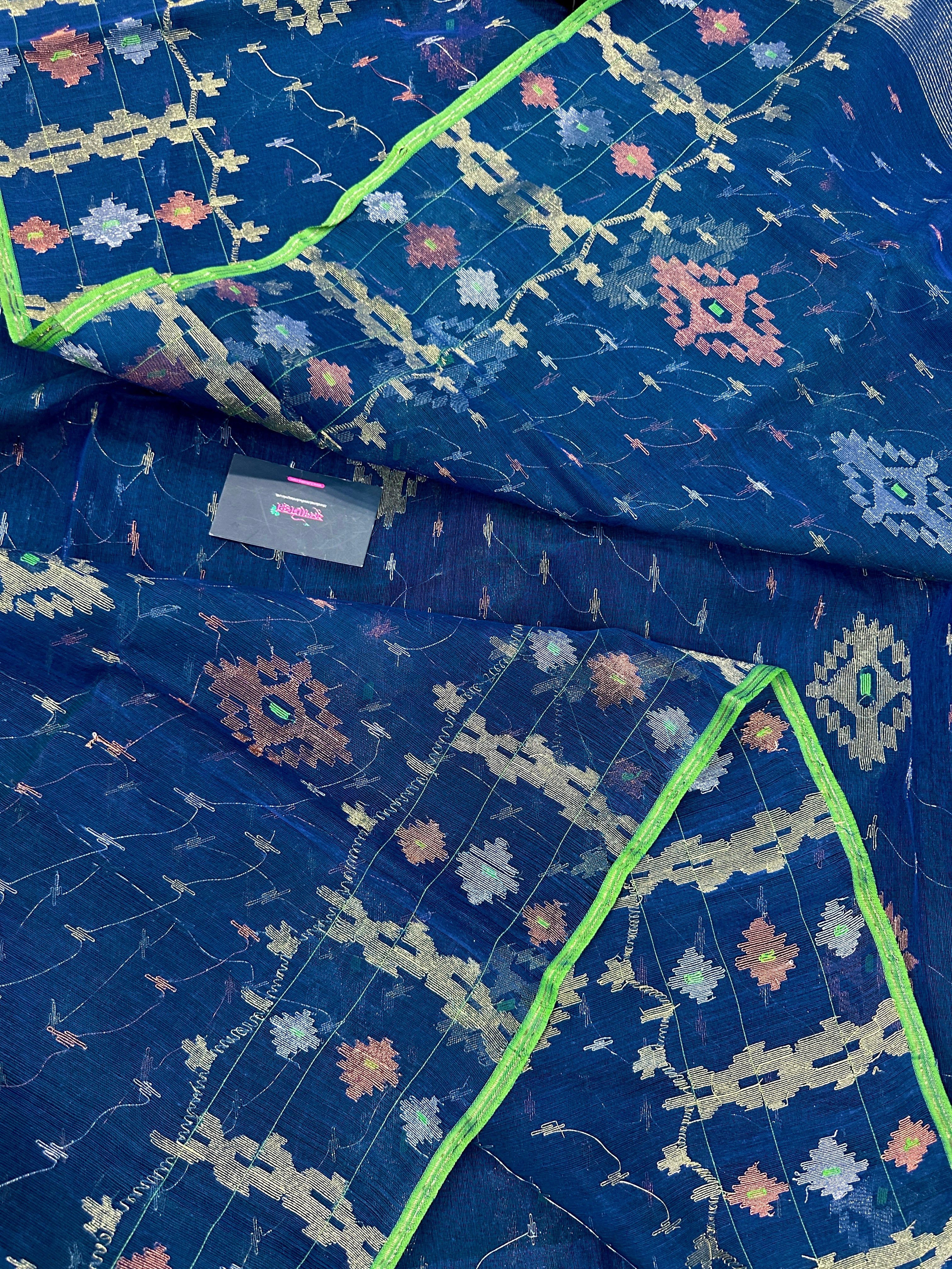 Sea blue dhakai jamdani saree with golden silver & copper jori work soft count.