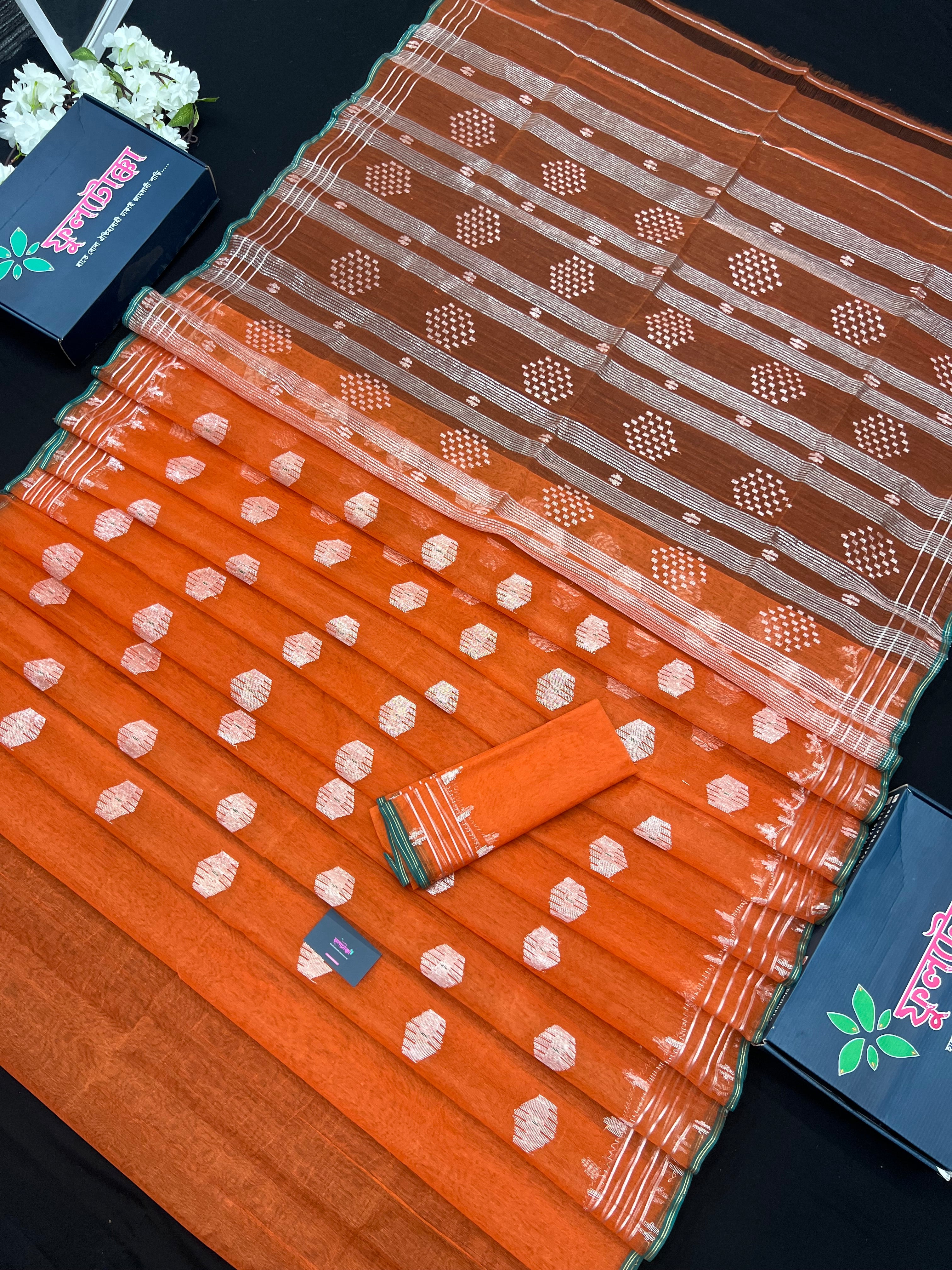 Orange Original Handloom Halfsilk Dhakai Jamdani Saree