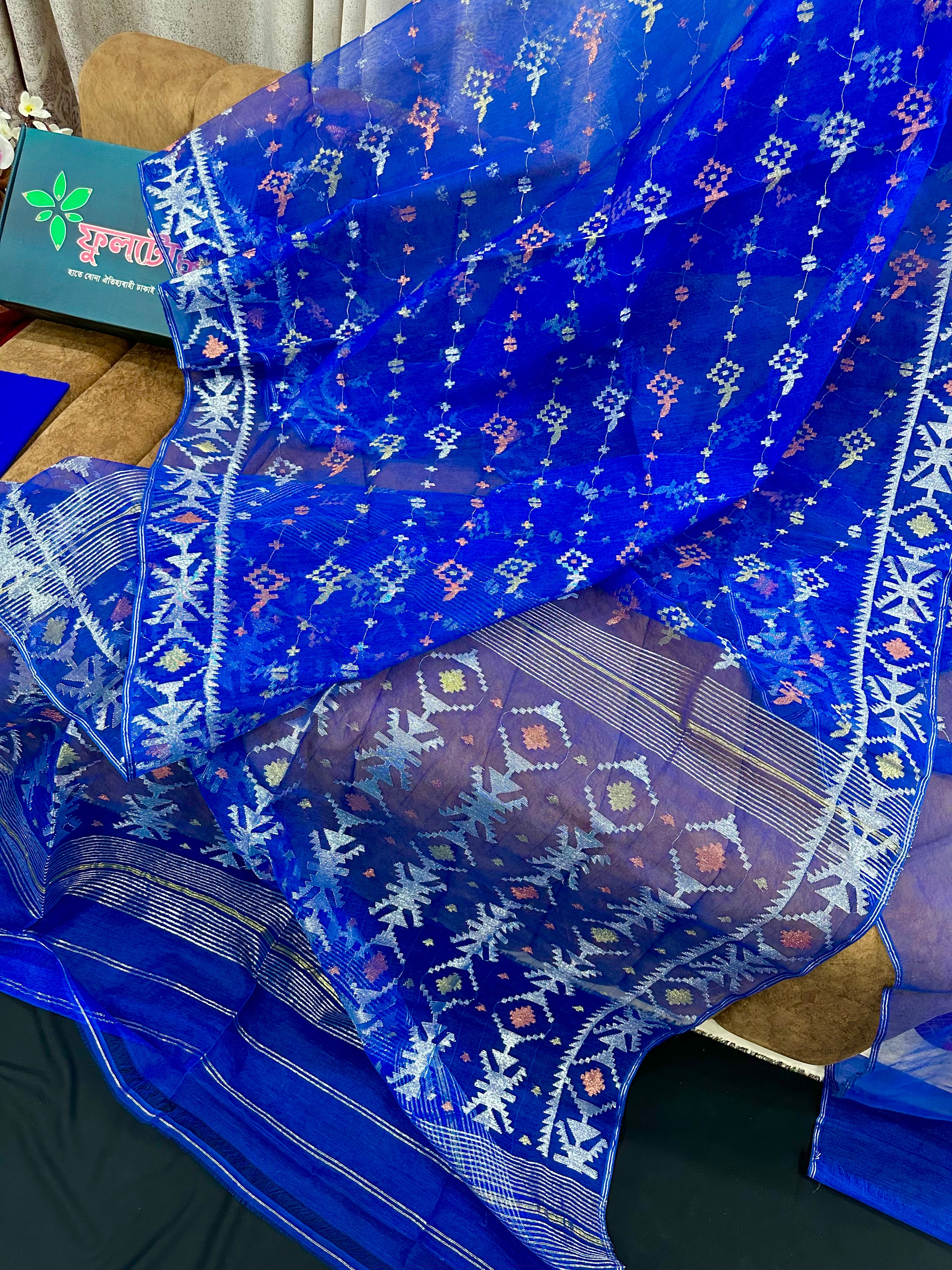 Royal Blue Handloom Jamdani Saree With Multi Jori Work.