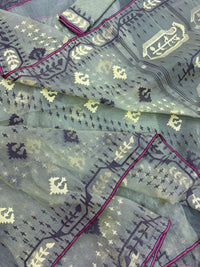 Pear green type Lite mint jamdani saree with threads work.