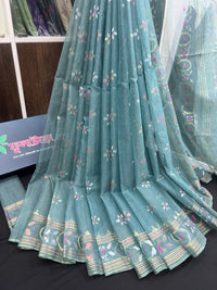 Surma ash halfsilk jamdani saree with golden silver & copper jori work and pink meena work