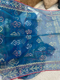 Peacock blue handloom original dhakai Jamdani saree with golden silver & copper jori wori work