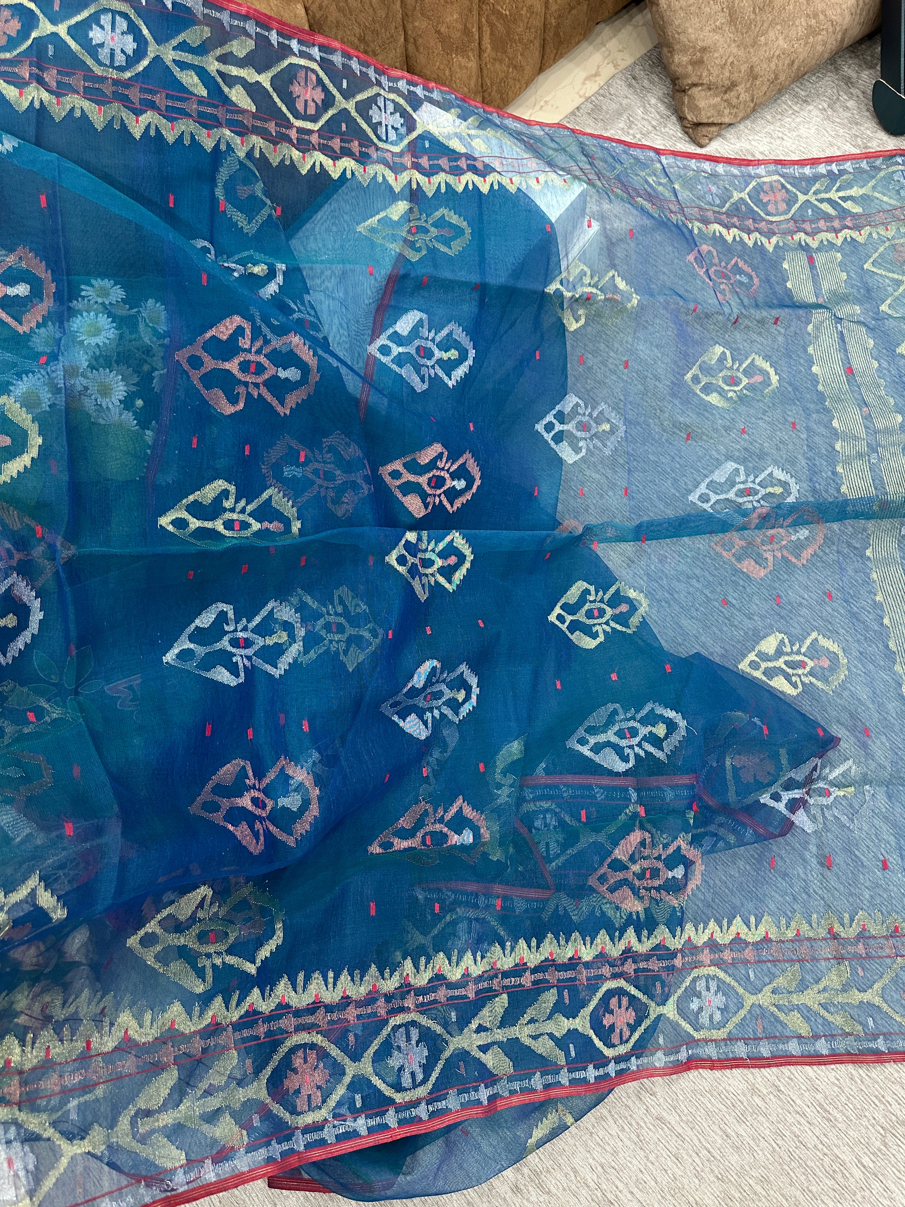 Peacock blue handloom original dhakai Jamdani saree with golden silver & copper jori wori work