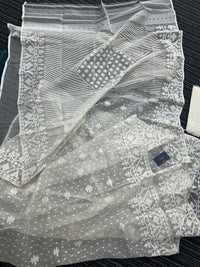 White exclusive halfsilk jamdani saree with white threads work and blouse piece