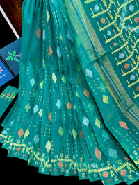 Sea green halfsilk jamdani saree with golden silver & copper jori work.