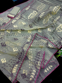 Pear green type Lite mint jamdani saree with threads work.