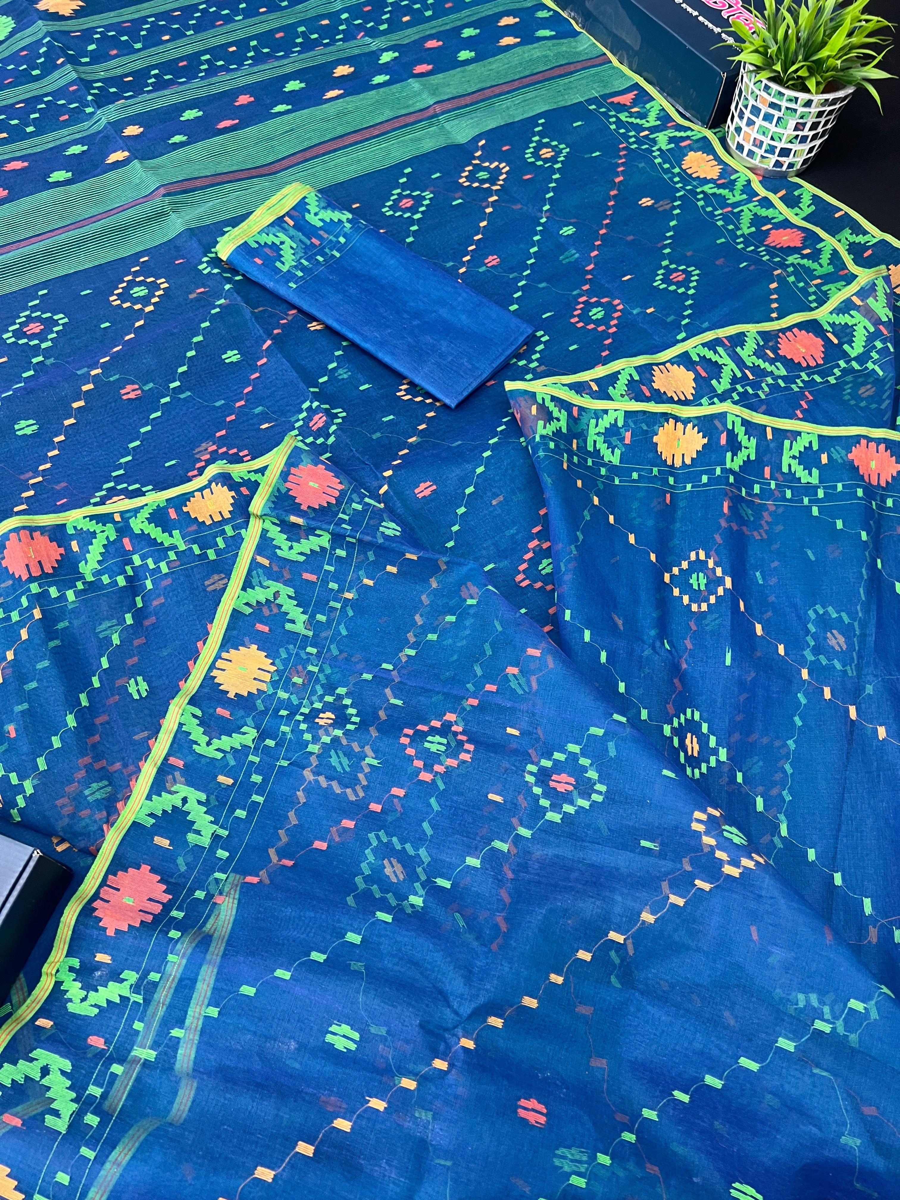 Sea Green Original Handloom Dhakai Jamdani With Orange Green & Yellow Threads Work