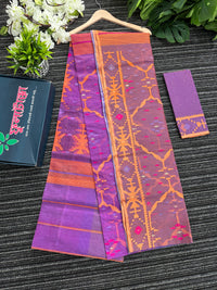 Tripple shaded dual toned halfsilk jamdani saree with orange pink purple threads work