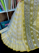 Creamy white halfsilk jamdani saree with golden jori work and blouse piece