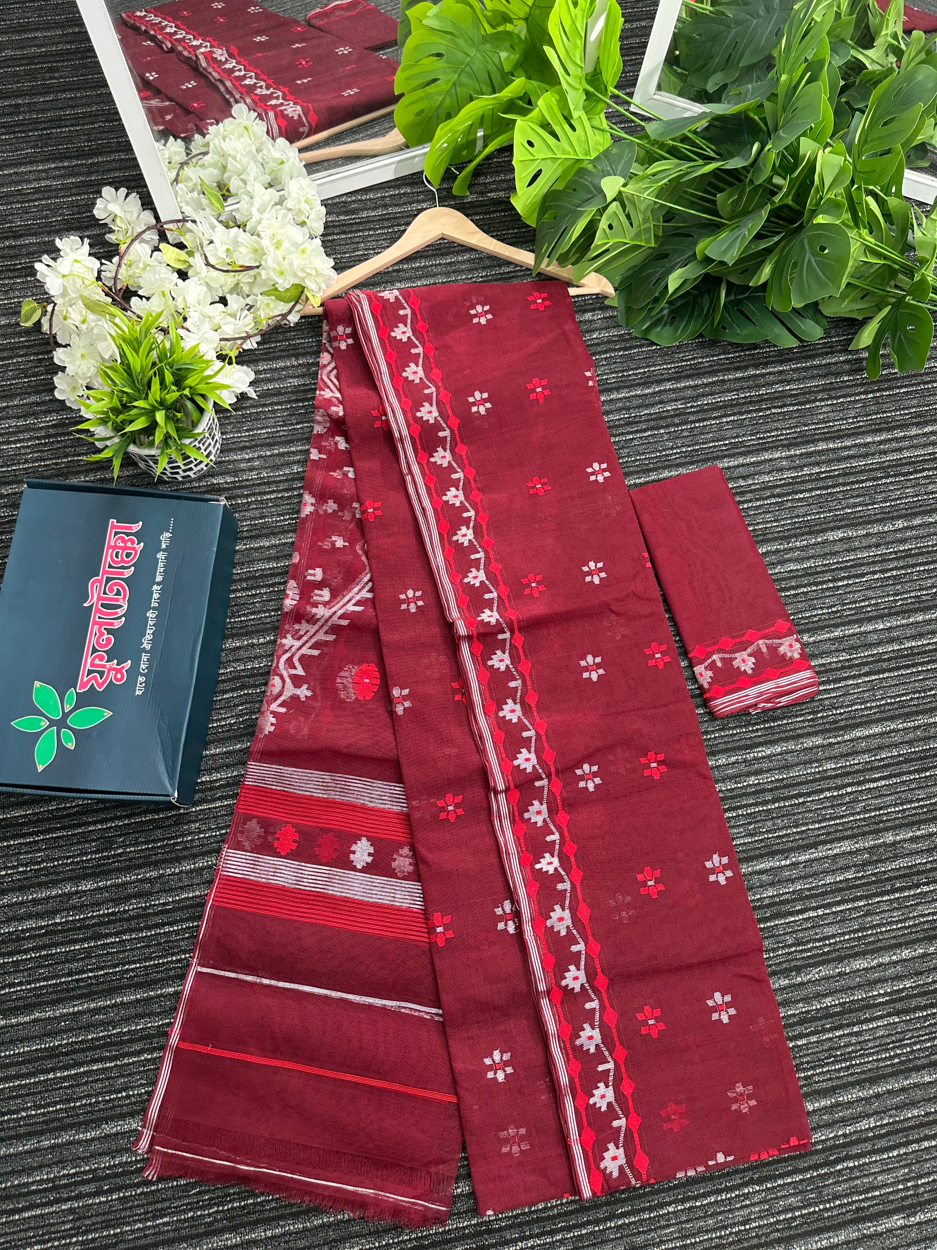 Maroon semi bridal cotton jamdani saree with silvery jori work maroon threads work