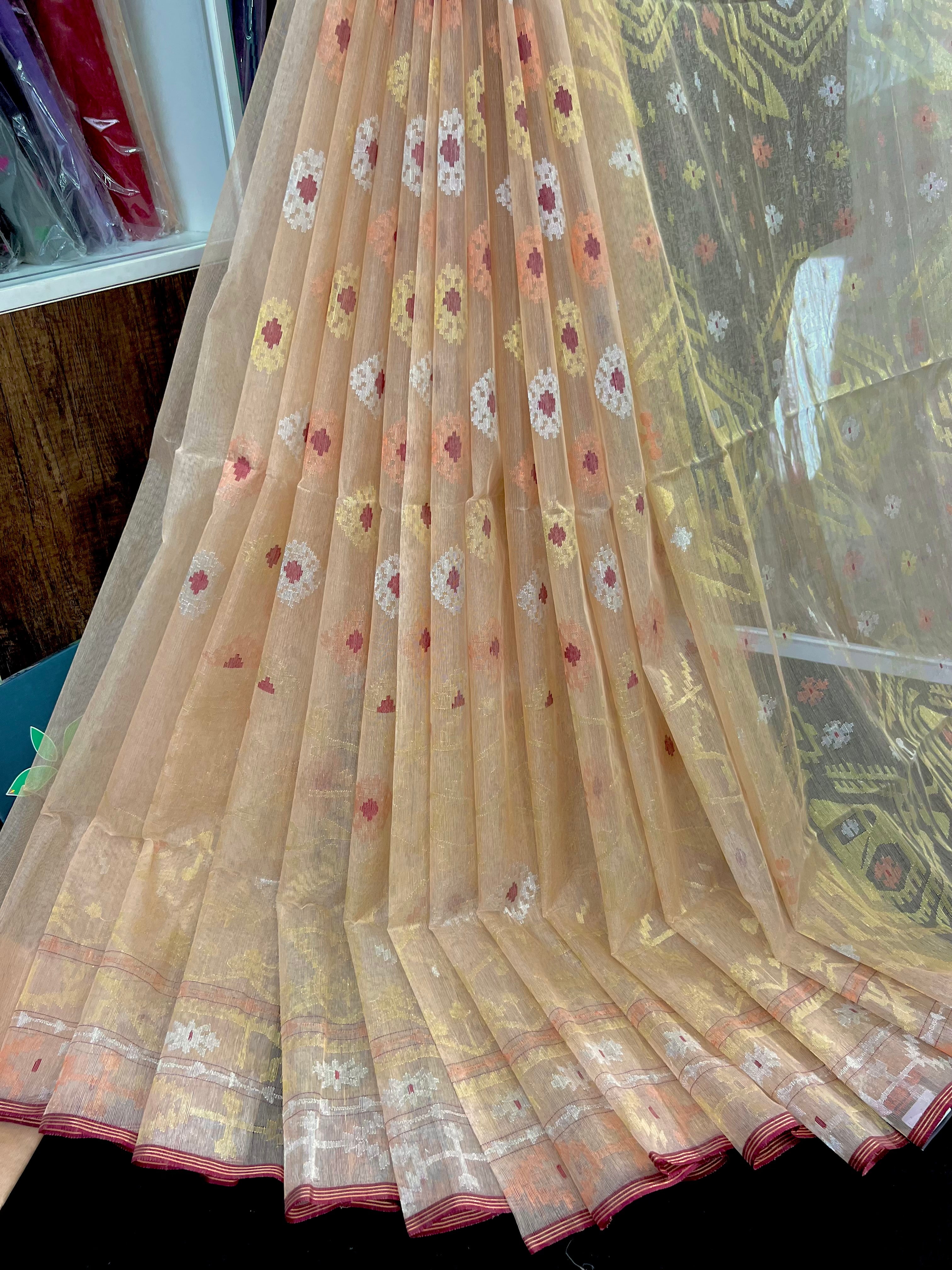 Peach Golden halfsilk exclusive jamdani saree with golden silver & copper jori work