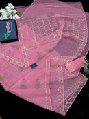 Rosy pink dhakai jamdani saree with golden jori work green thread work and pink flower soft count