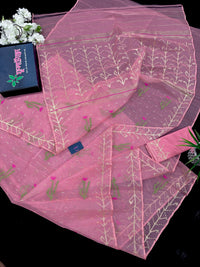 Rosy pink dhakai jamdani saree with golden jori work green thread work and pink flower soft count