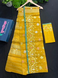 Yellow Original Handloom Dhakai Jamdani With Golden Silver & Copper Jori Work
