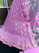 Lux Pink Original Handloom Hslfsilk Dhakai Jamdani Saree With Golden Jori Work and Magenta Threads Work