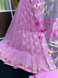 Lux Pink Original Handloom Hslfsilk Dhakai Jamdani Saree With Golden Jori Work and Magenta Threads Work