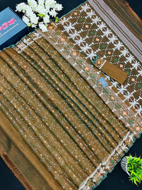 Mehendi Brown Original Handloom Halfsilk Dhakai Jamdani Sarww With Silver Jori Work & Orange Threads Work