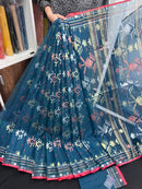 Blue Colour Original Handloom Halfsilk Dhakai Jamdani Saree With Golden Silver & Copper Jori Work