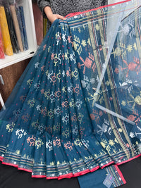 Blue Colour Original Handloom Halfsilk Dhakai Jamdani Saree With Golden Silver & Copper Jori Work
