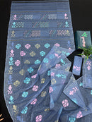 Powdery blue jamdani saree with pink blue and golden jori work.