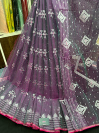 Dual Toned Original Handloom Halfsilk Dhakai Jamdani Saree With Silver Jori Work