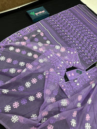 Lavender Jamdani Saree With White Pink Lavender Threads Work.