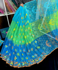 Tripple shaded halfsilk jamdani saree with yellow blue orange threads work.