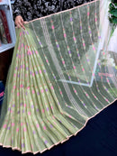 Lite olive halfsilk jamdani saree with pink blue olive threads work
