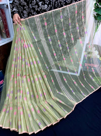 Lite olive halfsilk jamdani saree with pink blue olive threads work