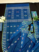 Sea blue dhakai jamdani saree with golden silver & copper jori work soft count.