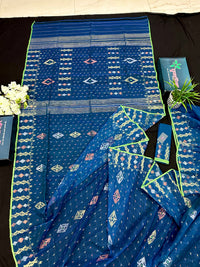 Sea blue dhakai jamdani saree with golden silver & copper jori work soft count.