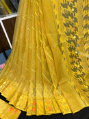Yellow halfsilk jamdani saree with yellow orange threads work