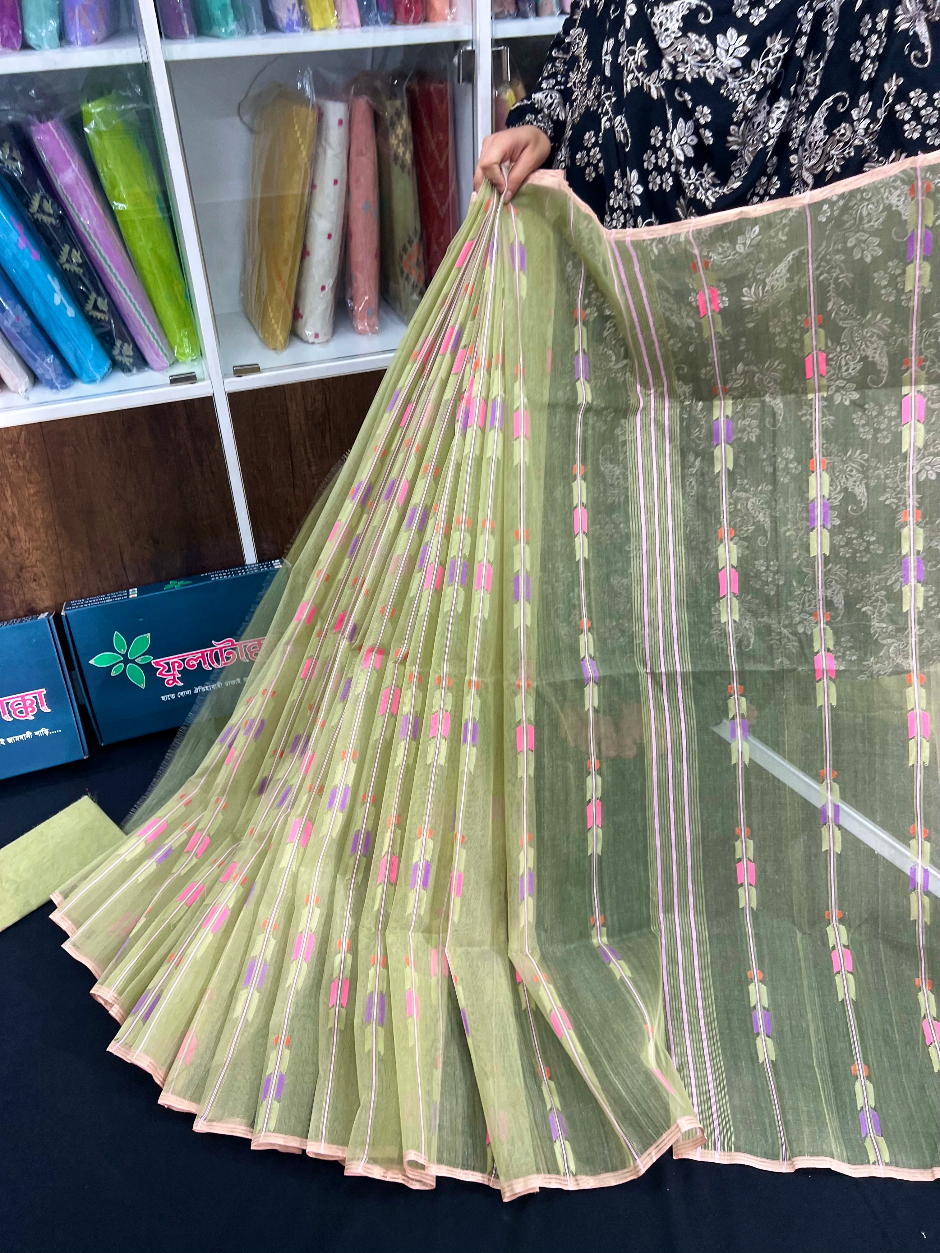 Lite olive halfsilk jamdani saree with pink blue olive threads work