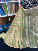Lite olive halfsilk jamdani saree with pink blue olive threads work