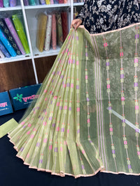 Lite olive halfsilk jamdani saree with pink blue olive threads work